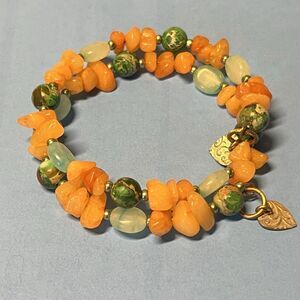 Green Aventurine And Orange Chip  Bracelet Memory Wire Fits To 7.5"  Handmade